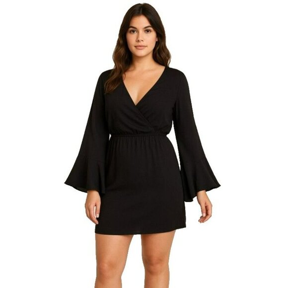 Freebird Black Boho Bell Sleeve Mini Dress Size L Deep V-Neck Flowy Festival - Picture 1 of 11